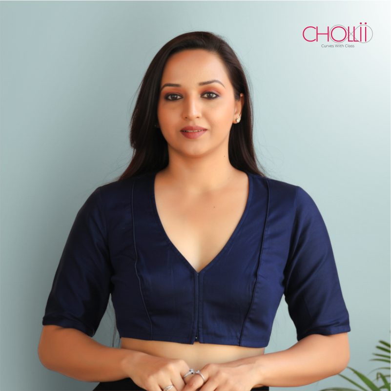 Dark Blue Rozana Cotton Short Sleeve Blouse