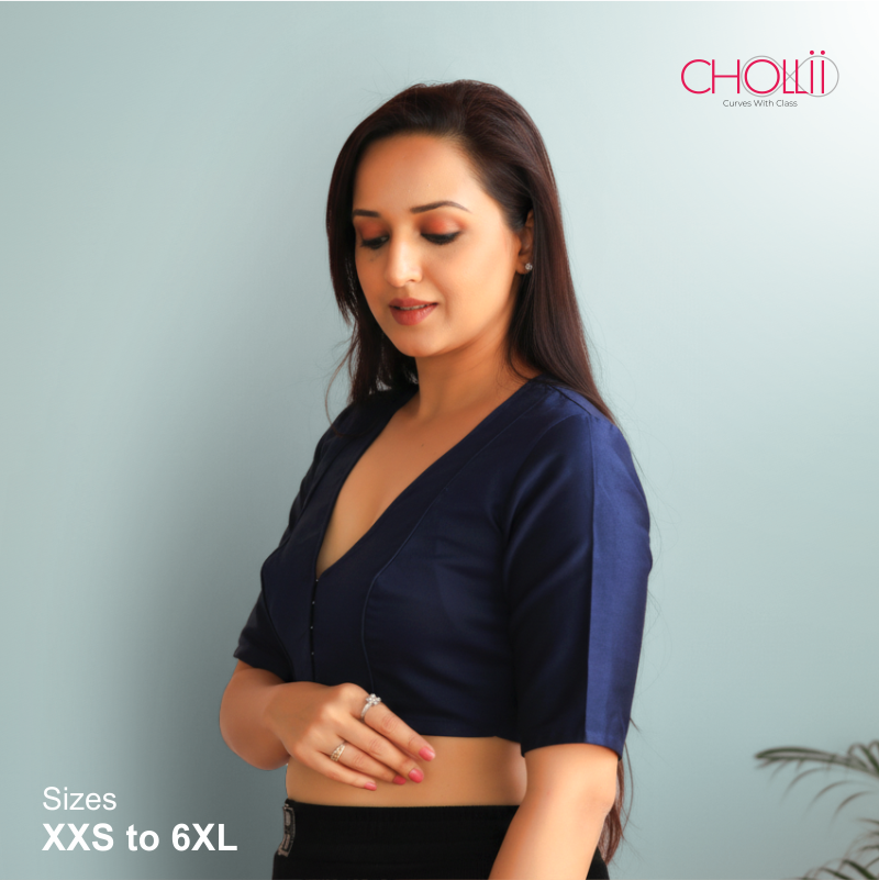 Dark Blue Rozana Cotton Short Sleeve Blouse