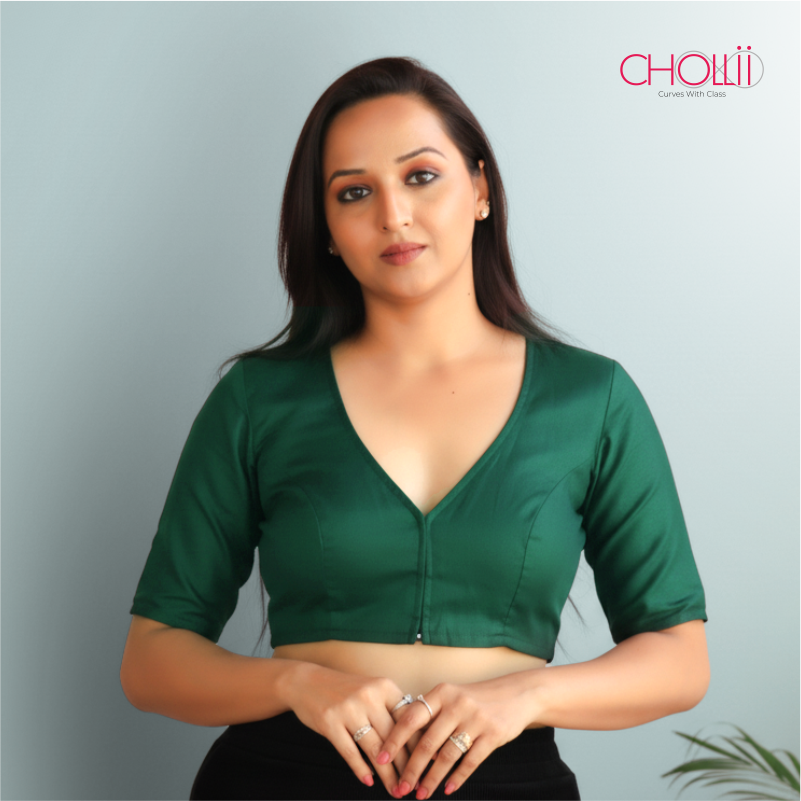 Dark Green Rozana Cotton Short Sleeve Blouse