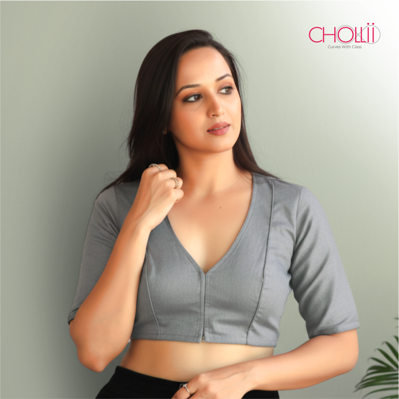 Gray Rozana Cotton Short Sleeve Blouse