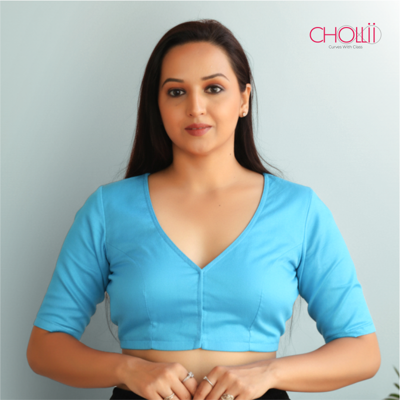 Light Blue Rozana Cotton Short Sleeve Blouse