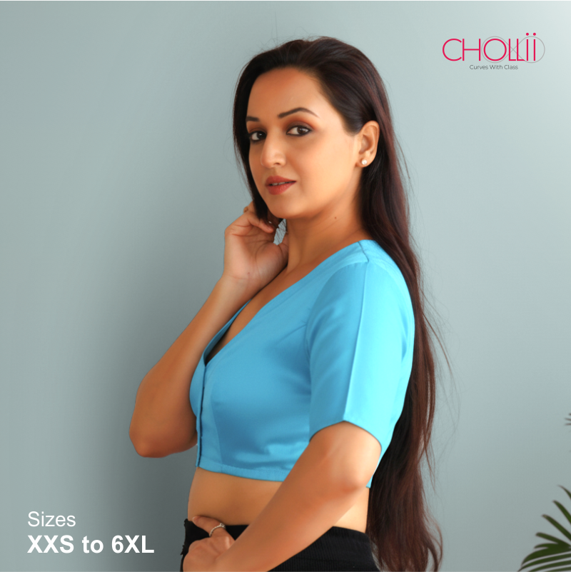 Light Blue Rozana Cotton Short Sleeve Blouse